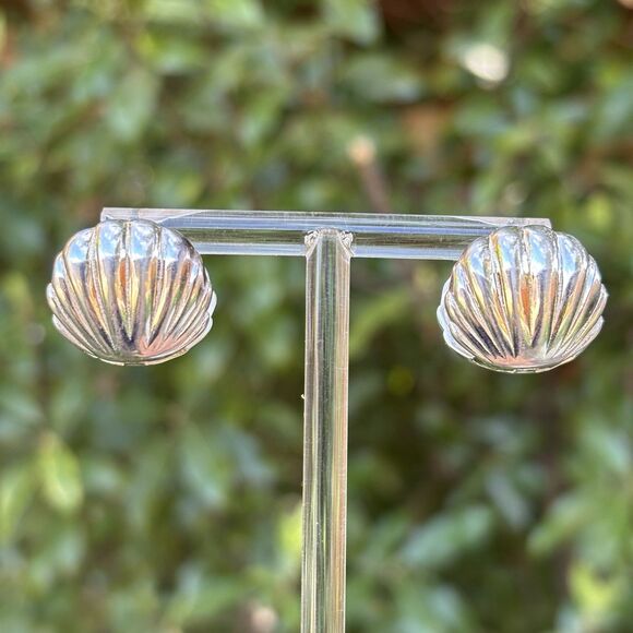 New Sterling Silver Scallop Shell Clip On Earrings Two-Piece 925 Hinged Design - Picture 3 of 11